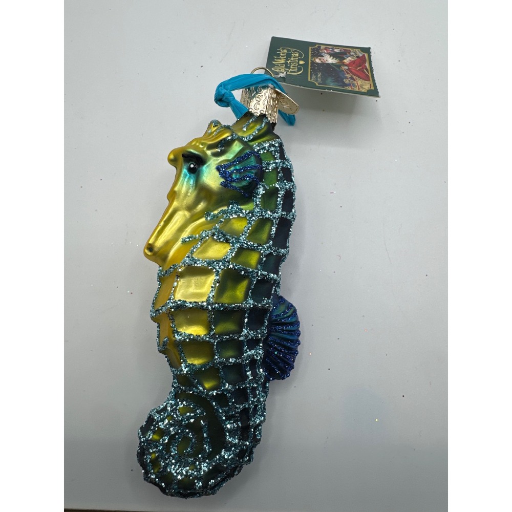 Old World Christmas Seahorse Glass Ornament Yellow Teal Glitter 2001 Nautical